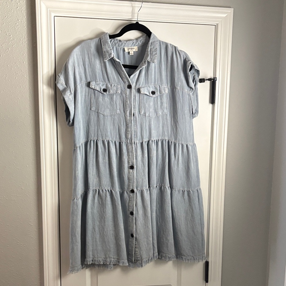 Umgee Light Blue Tiered Denim Shirt Dress